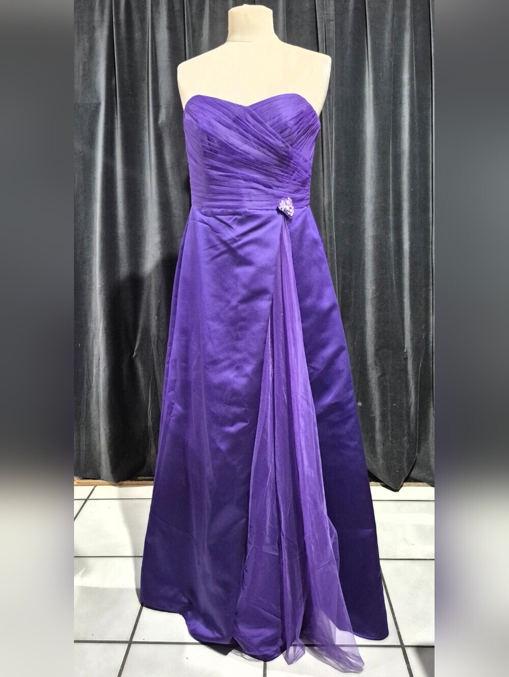 David's Bridal Strapless Purple Evening Gown with Drape and Brooch